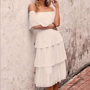 Lulu’s White Off-the-Shoulder Ruffle Midi Dress